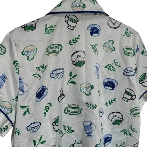 Kate Spade Blue Green Novelty Coffee Print Satin Pajama‎ Top Cozy Feminine XS - Image 6