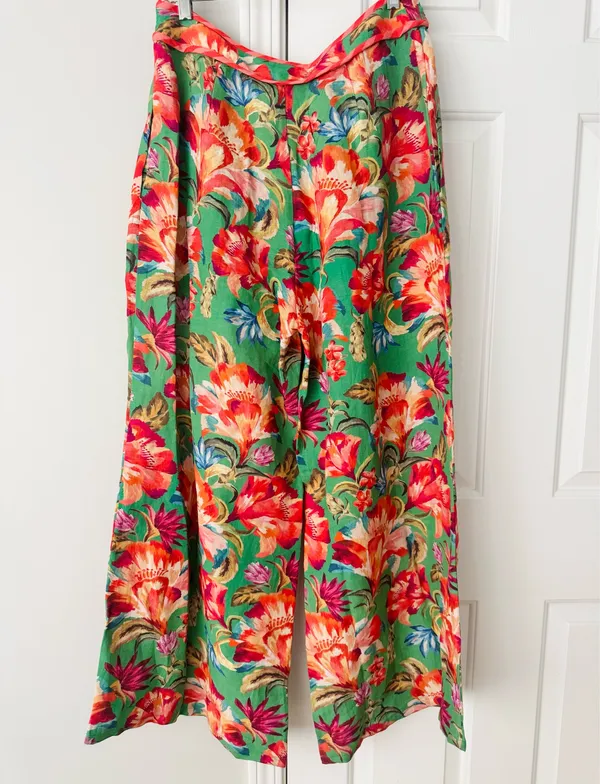 Farm Rio Tie-Front Linen Blend Floral Wide-Leg Pants, Size S - Image 10