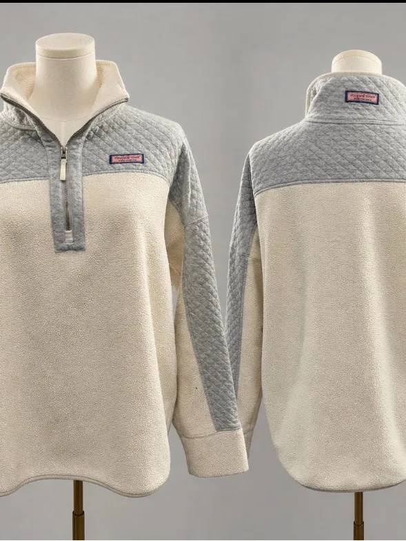 Vineyard Vines Sherpa Fleece Quilted Quarter Zip Pullover Cream Gray Size Large - Image 3