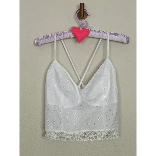 Handmade White Eyelet Lace Tank Top w Lace Trim Coquette Ruched Back - Image 2