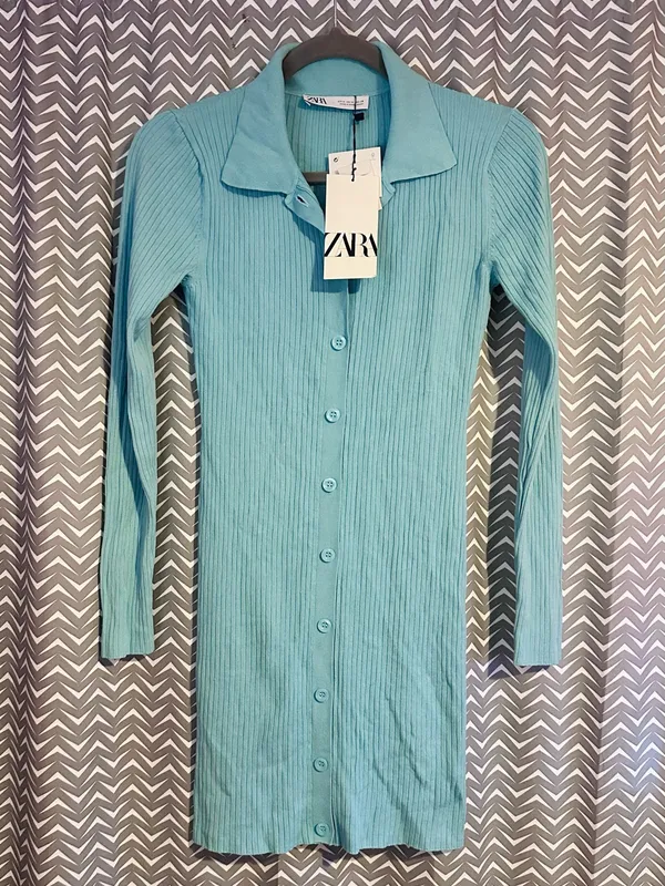 NWT Zara | Light Blue Ribbed Knit Polo Dress, Medium - Image 3
