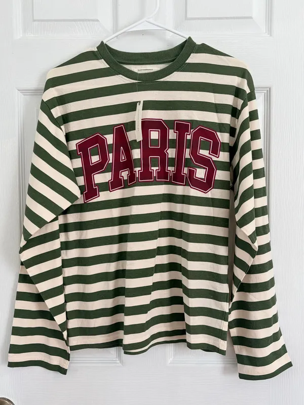 Anthropologie Paris Striped Long Sleeve Tee Green Cream Varsity Streetwear XS - Image 2