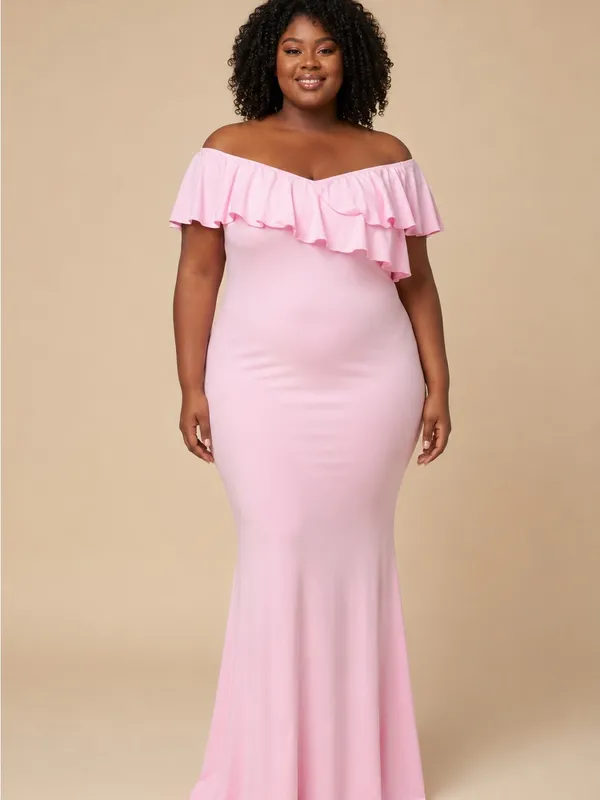 Women’s Pink Off-Shoulder Ruffle Stretch Maternity Mermaid Maxi Gown - Image 4