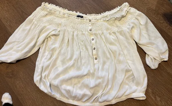 Torrid Cream Smocked Off-Shoulder Button Front Top - Image 3