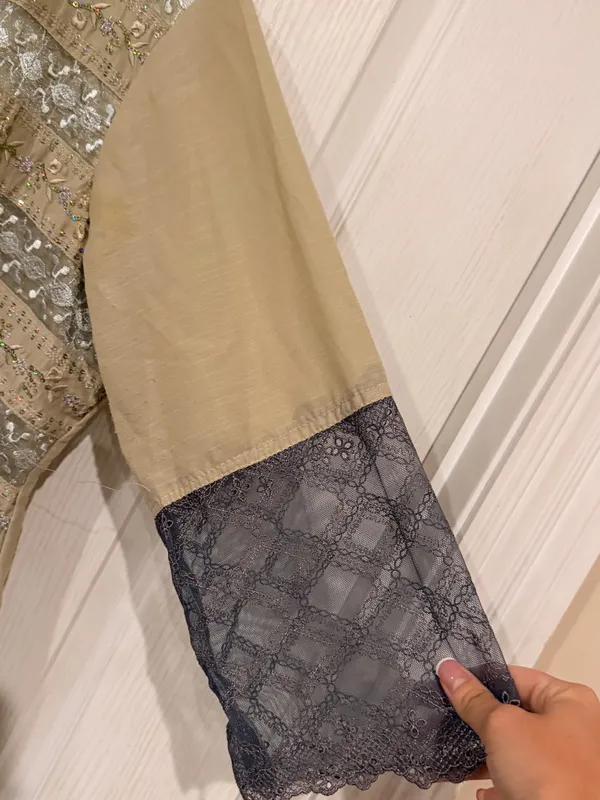 Handmade Indian Beige and Gray Embroidered Formal Women's Dress - Image 3