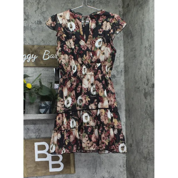 NWT Trixxi Juniors Printed Tiered Short Ruffle Sleeve Dress Multi Floral Black S - Image 6