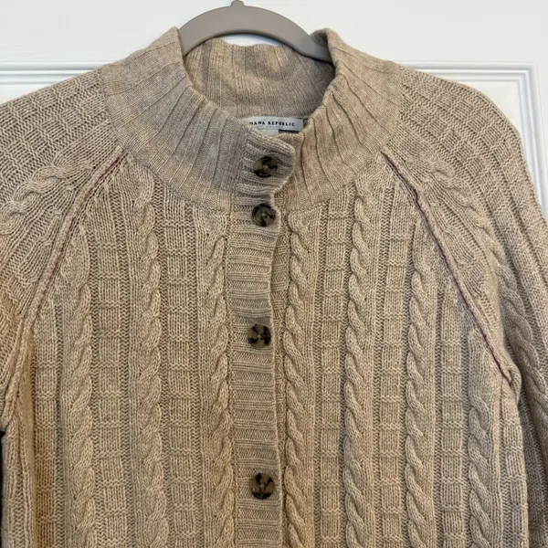 Banana‎ Republic Cardigan Sweater Sz Med Cashmere Blend Tan Cable Knit Mock Neck - Image 4