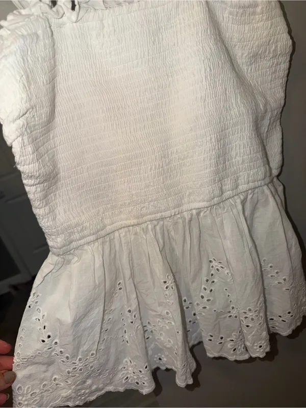 Japna Boho White Eyelet Smocked Ruffle Strap Peplum Top – Size L - Image 3