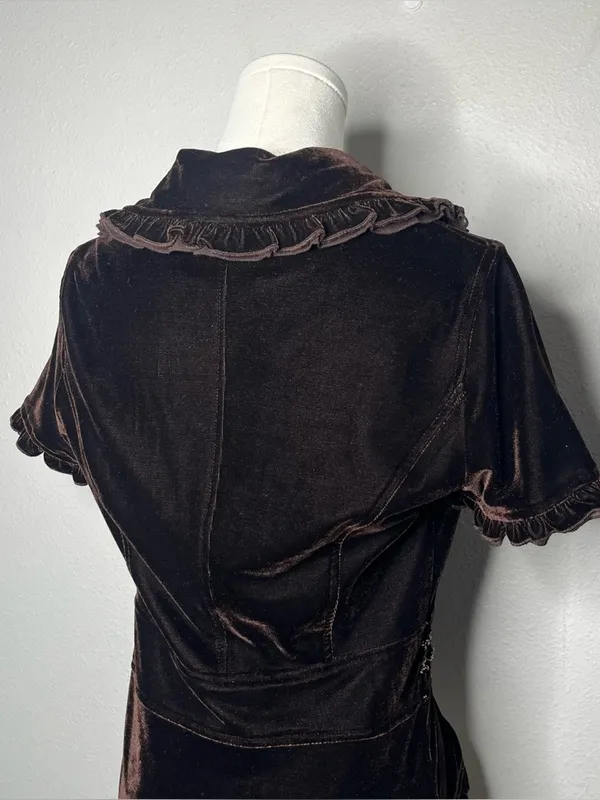 Y2K Vintage Chocolate Brown Velvet Ruffle Collar Tie Front Fairy Grunge Top - Image 5