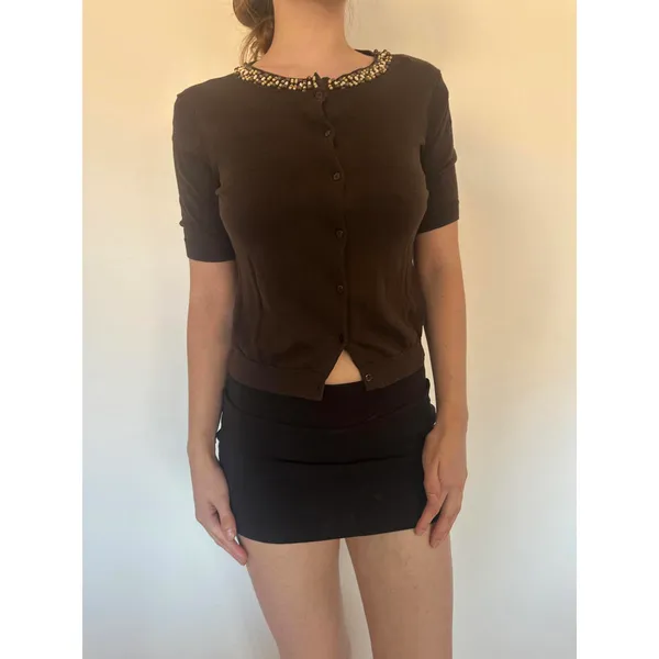 Loft Brown Quarter Sleeve Boho Beaded Button Down Sweater Cardigan - Image 6