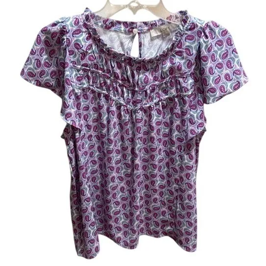 Loft Petites Purple Paisley Ruffle Neck Flutter Sleeve Blouse Top‎ LP NWT - Image 2