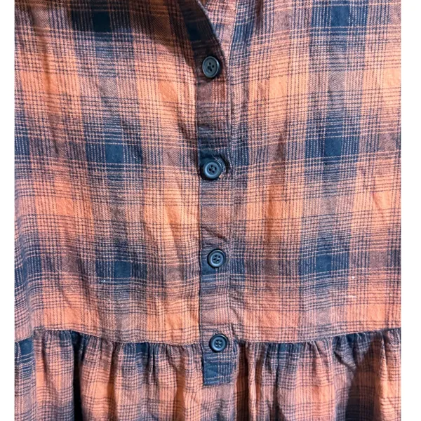 Autumn Inspired Burnt Orange Navy Plaid Button Front Empire Waist Shirt Dress M - Image 11