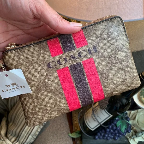 Authentic COACH Signature Coated canvas/stripes zip top card wristlet - Image 9