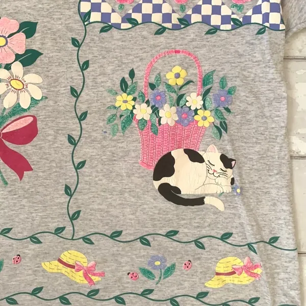 Women’s L/G Gray Short Sleeve Gardening Flower Cat Shirt 100% Cotton Size Large - Image 3