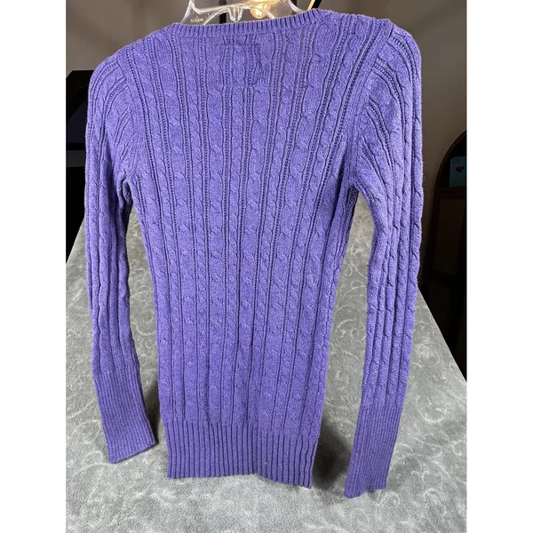 Y2K American Eagle V Neck Fitted Cable Knit Sweater Women Medium Purple Preppy - Image 6
