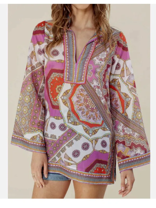 NWT HALE BOB Joanna Voile Fuchsia Beaded Long Flared Sleeve Tunic Top Silk Blend - Image 4