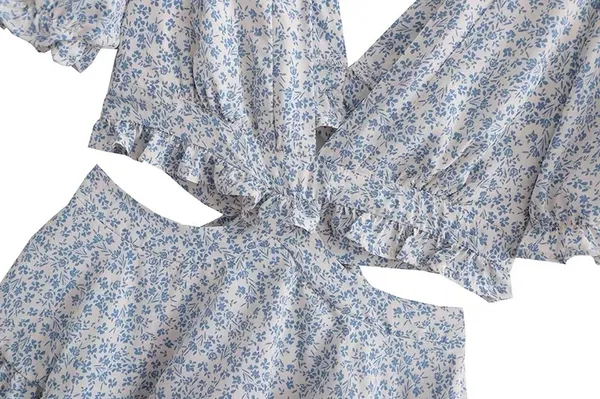 NEW White/Blue Floral Deep V Cutout Waist Ruffled Tiered Dress - Image 7