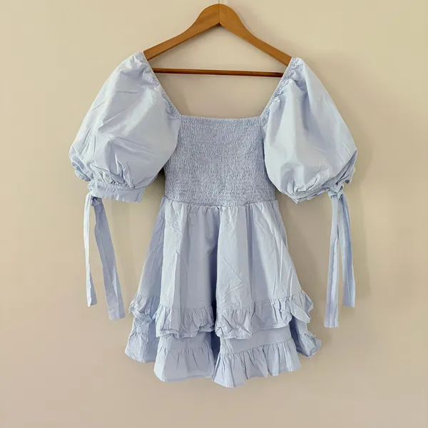 Showpo Chelle Shirred Mini Dress Tie Sleeve 8 Ice Blue Smocked Ruffle Cotton - Image 4