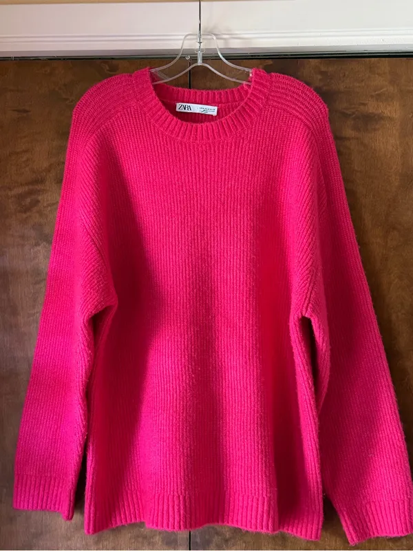 Zara Hot Pink Chunky Knit Oversized Crewneck Sweater Long Sleeve Pullover. Sz M - Image 2