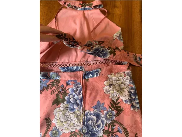 Miami maxi Dress Large Peach with Blue Yellow Floral Halter Crochet Derails - Image 8