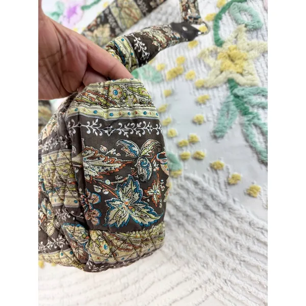 Quilted vtg‎ Floral Paisley Cotton Shoulder Bag Brown Hobo Purse Zippered Pocket - Image 7