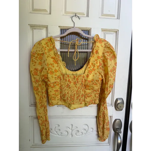 Free People Yellow Floral Smocked Back Ruffle Crop Top Long Sleeve Size Medium - Image 4