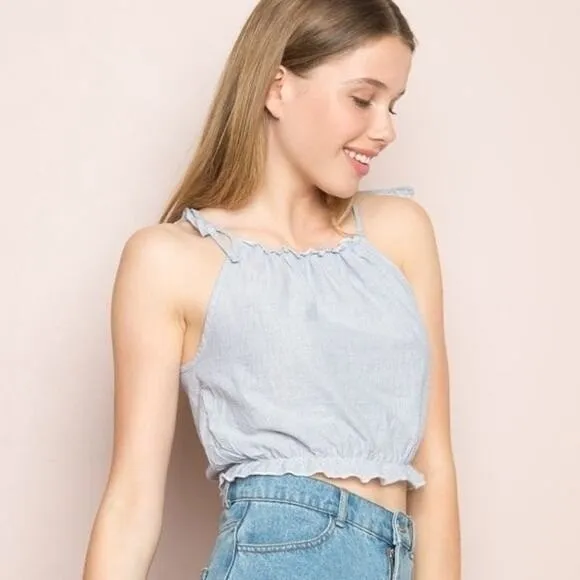 Brandy‎ Melville Blue White Pinstripe Ruffle Tie Strap Crop Top One Size - Image 5
