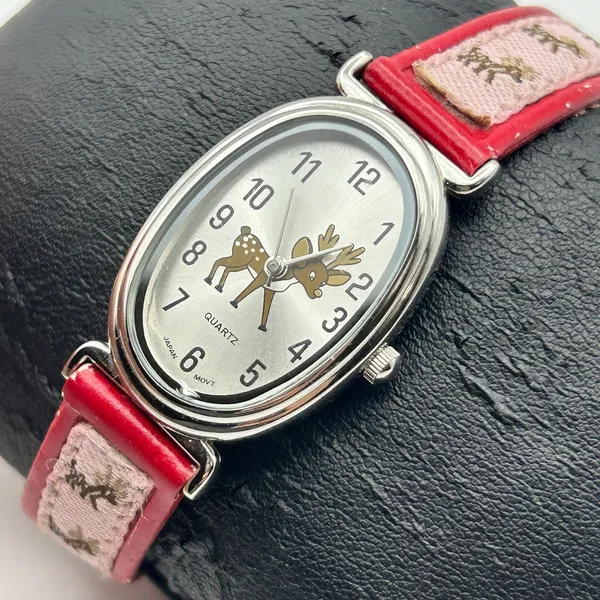 Reindeer Theme Oval Silver Tone Dial Red & Pink Band Watch Working - Image 2