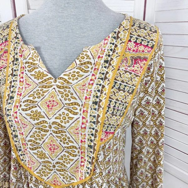 Style & Co‎ Printed Flared Hem Bell Sleeve V Neck Top Yellow Multi Small - Image 5