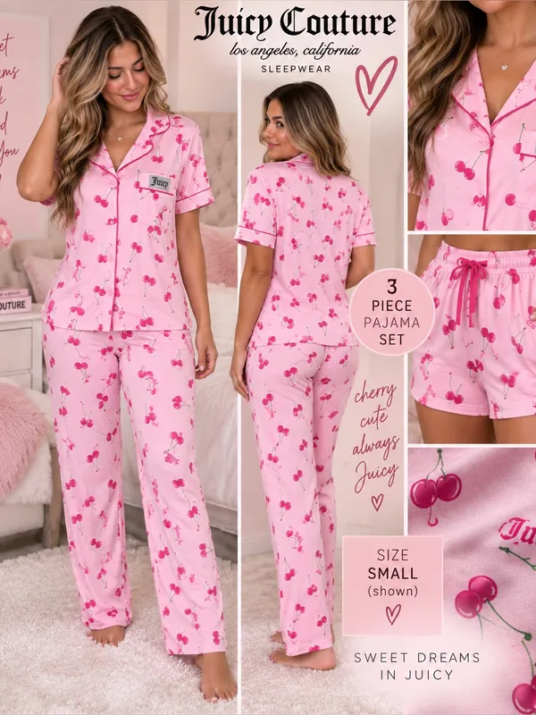 Juicy Couture Women's Pink Cherry 3-Piece Pajama Set size small - Image 2
