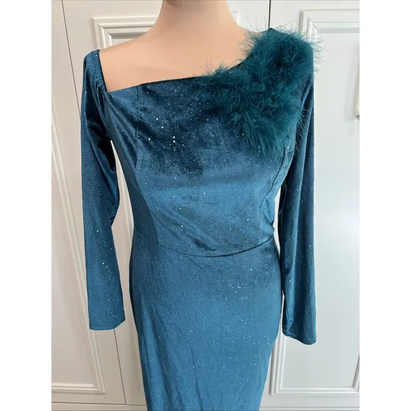 Aomei Teal Velvet Sparkle Maxi Dress Stretch Old Hollywood Glamour Opera Theater - Image 2