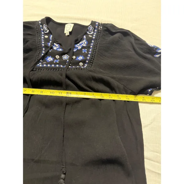 Blue Rain Black Embroidered Boho Mini Dress‎ Floral Tassel Tie Flutter Sleeve S - Image 4