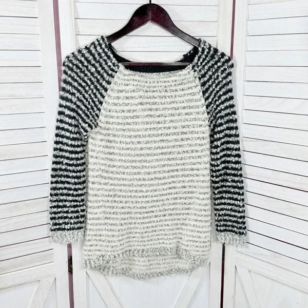 Loft Striped Boucle Knit Pullover Sweater Tan‎ Grey Black XS Colorblock - Image 8