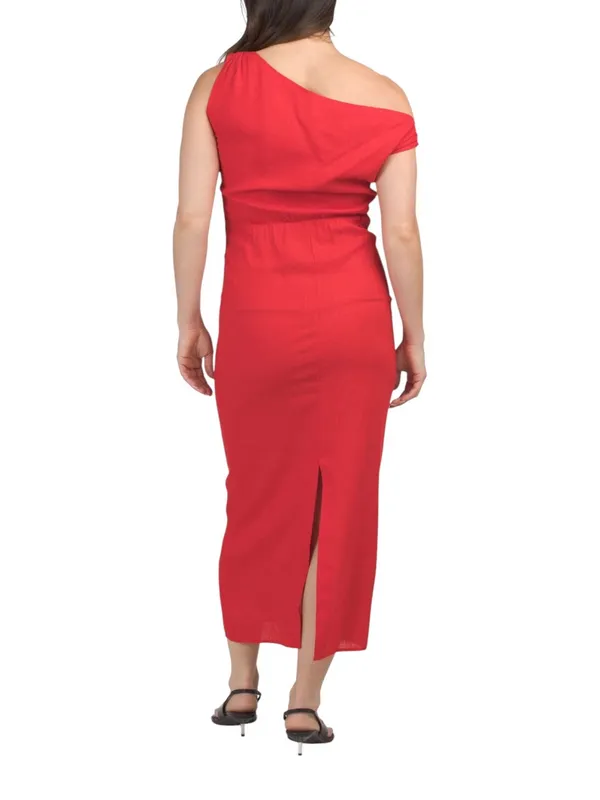 WHITE CLOSET Linen Blend Off The Shoulder Maxi Dress Red - Image 2