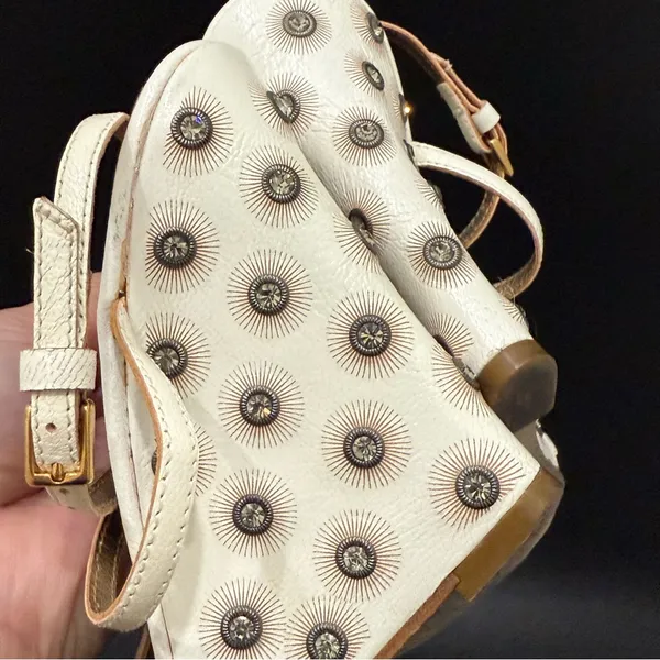 ESCADA Ivory White Leather Crystal Studded T-Strap Wedge Sandals Size 37 1/2 - Image 9