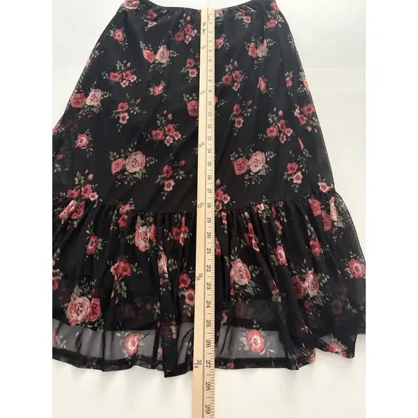 Thyme & Honey Midi Skirt Size S Black Floral Mesh Ruffle Whimsigoth Dark Romance - Image 9