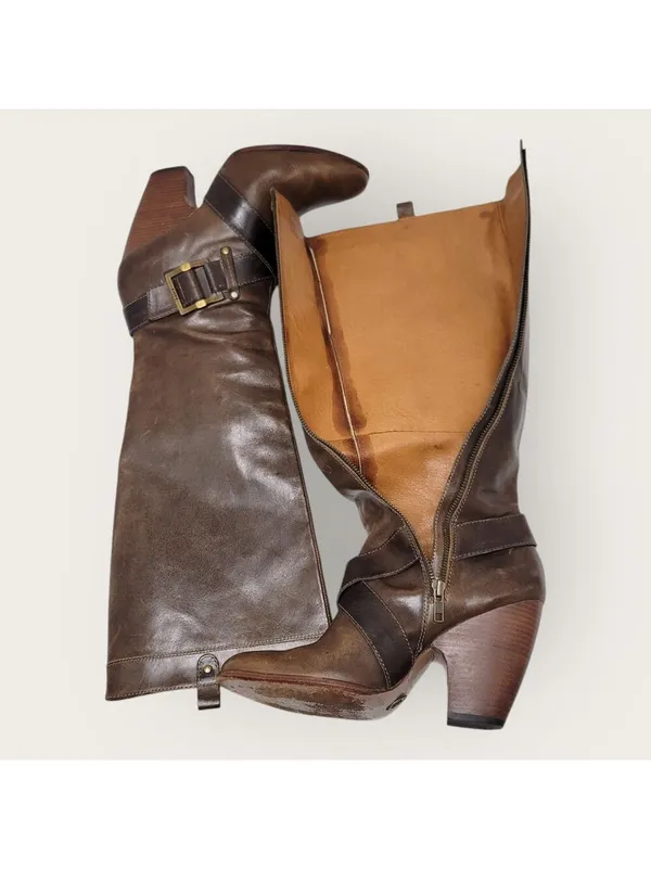 Frye Andrea Belted Tall Full Zip Brown Leather Riding Boot Size 10M 77321 - Image 8