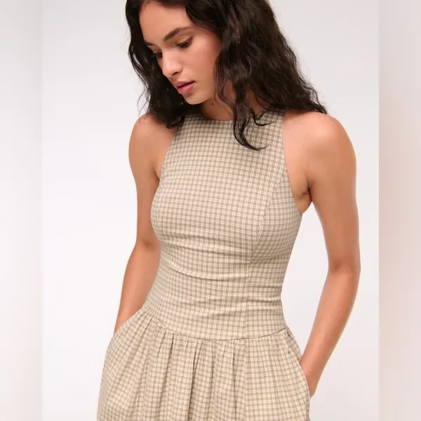 Abercrombie & Fitch Light Brown Check High Neck Drop Waist Sleeveless Midi Dress - Image 2