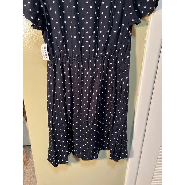 Old Navy Women's Size Medium Crepe Mini Dress Navy Blue White Polka Dots Short - Image 8