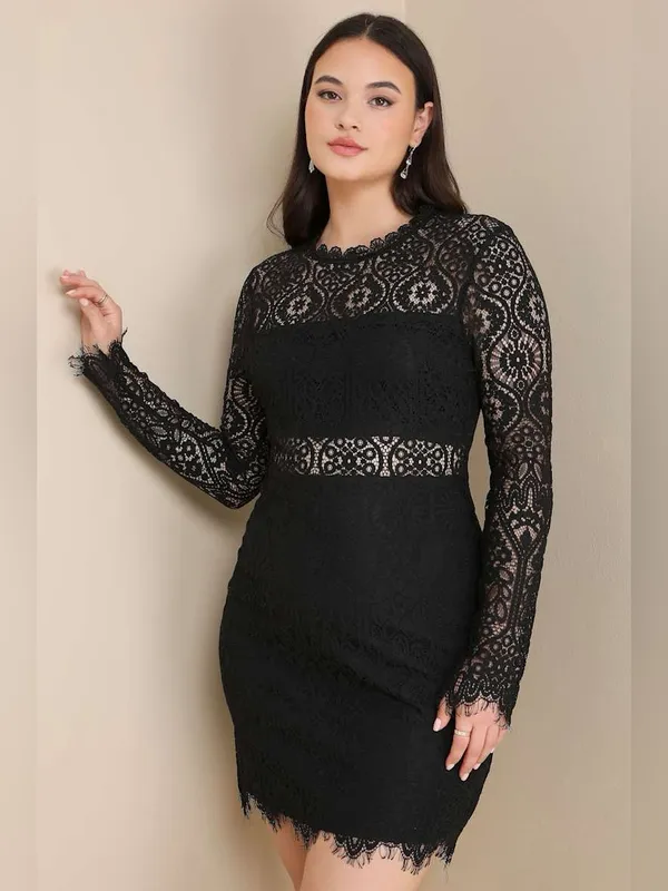 Lulu's Black Lace Long Sleeves Midi Dress with Scalloped Hem. - Image 3