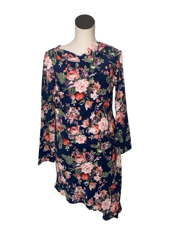 NWOT Abercrombie & Fitch Asymmetrical Navy Floral Long Sleeve Dress - Image 2