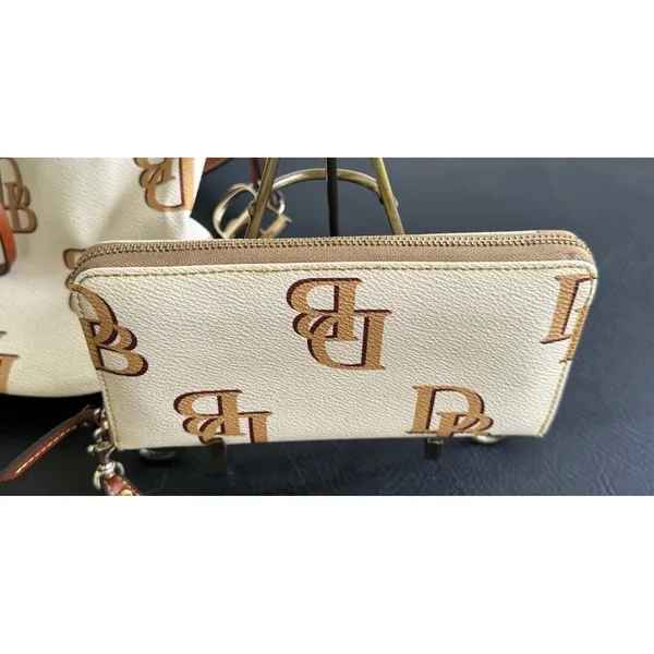Dooney & Bourke Monogram Coated Canvas Zip Around Wallet Cream Cognac Organizer - Image 2