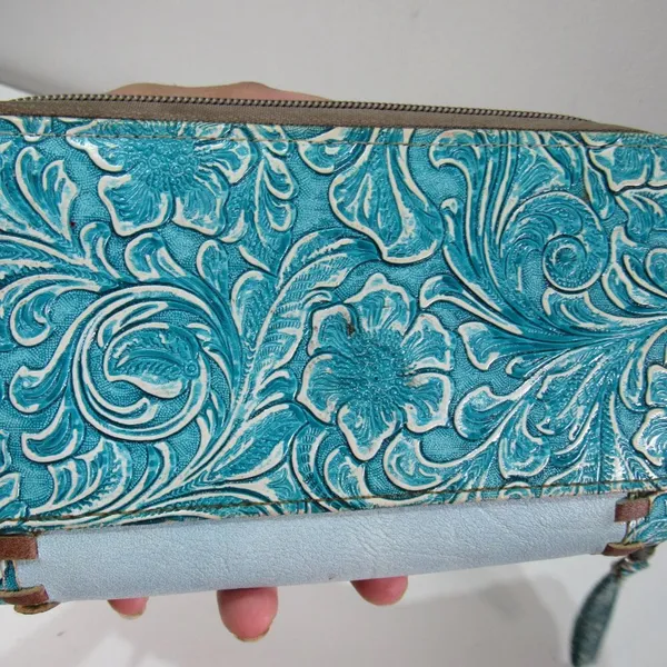 Teal Double Zip Studded Spiritual Tooled Cross Clutch Wallet Cowgirl Y2K - Image 4