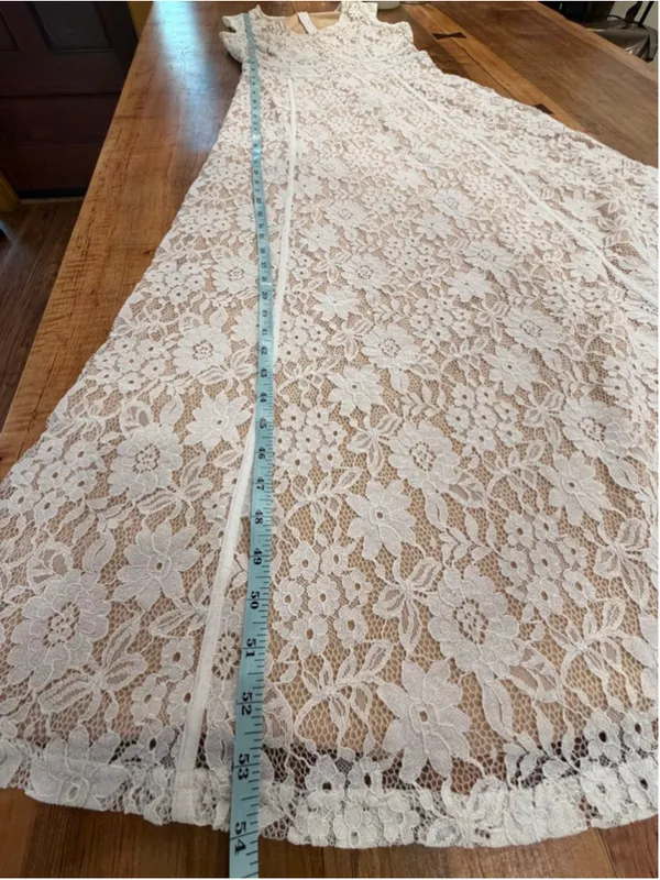 White Lace Overlay Maxi Dress V-Neck Nude Lining Resort Vacation Formal Boho M - Image 10