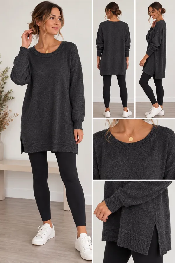 Old Navy Charcoal Gray Oversized Knit Tunic Sweater Side Slits Size XXL - Image 2