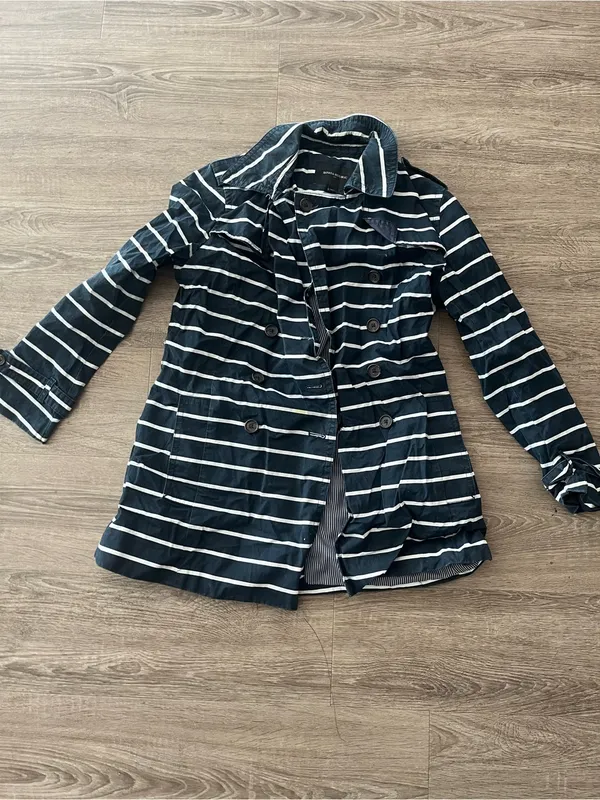 Banana Republic Double Breasted Cotton Trench Coat Womens MP Navy White Striped - Image 2