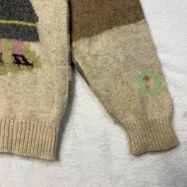 VTG Wool M Beige Intarsia People Graphic Patchwork Crewneck Sweater Winter Artsy - Image 7