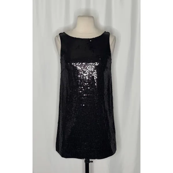 FREE PEOPLE Black Sequin Shift Mini Dress Scoop Back Party Cocktail Size 2 - Image 2