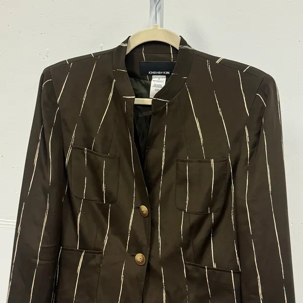 Jones New York Silk Pinstripe Blazer Stand Collar Jacket Size 6 Brown Classic - Image 4