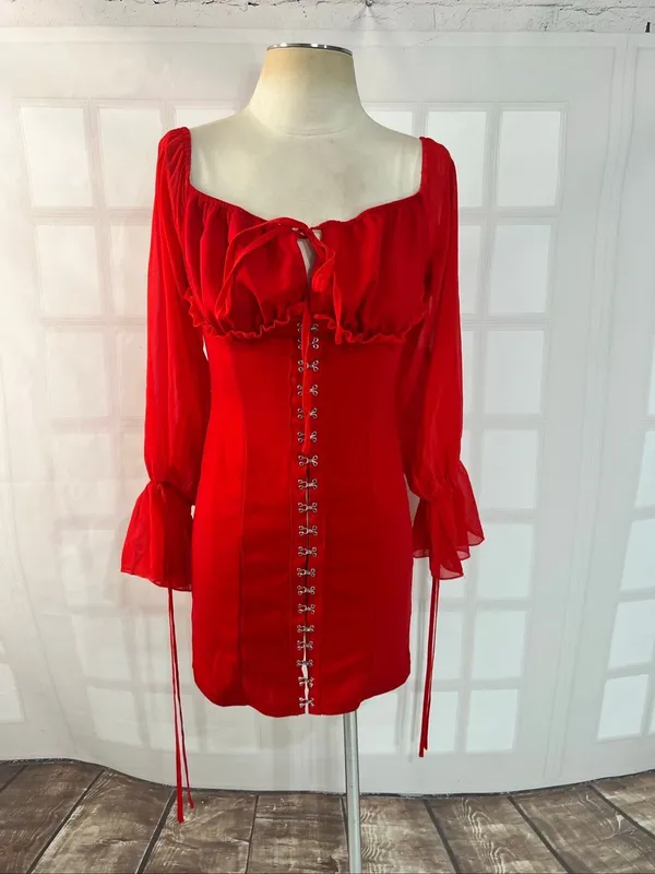 Pretty Little Thing Red Off-the-Shoulder Hook & Eye Mini Bodycon Dress Size 6 - Image 2